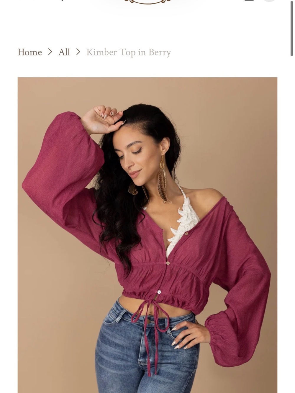 Joyfolie Kimber Drawstring Crop Top in Berry Rose